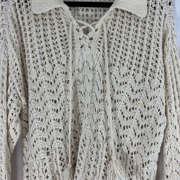American Eagle Crochet Polo Sweater M Boho Tassel Tie Open Knit Beachy Layer - Picture 2 of 5
